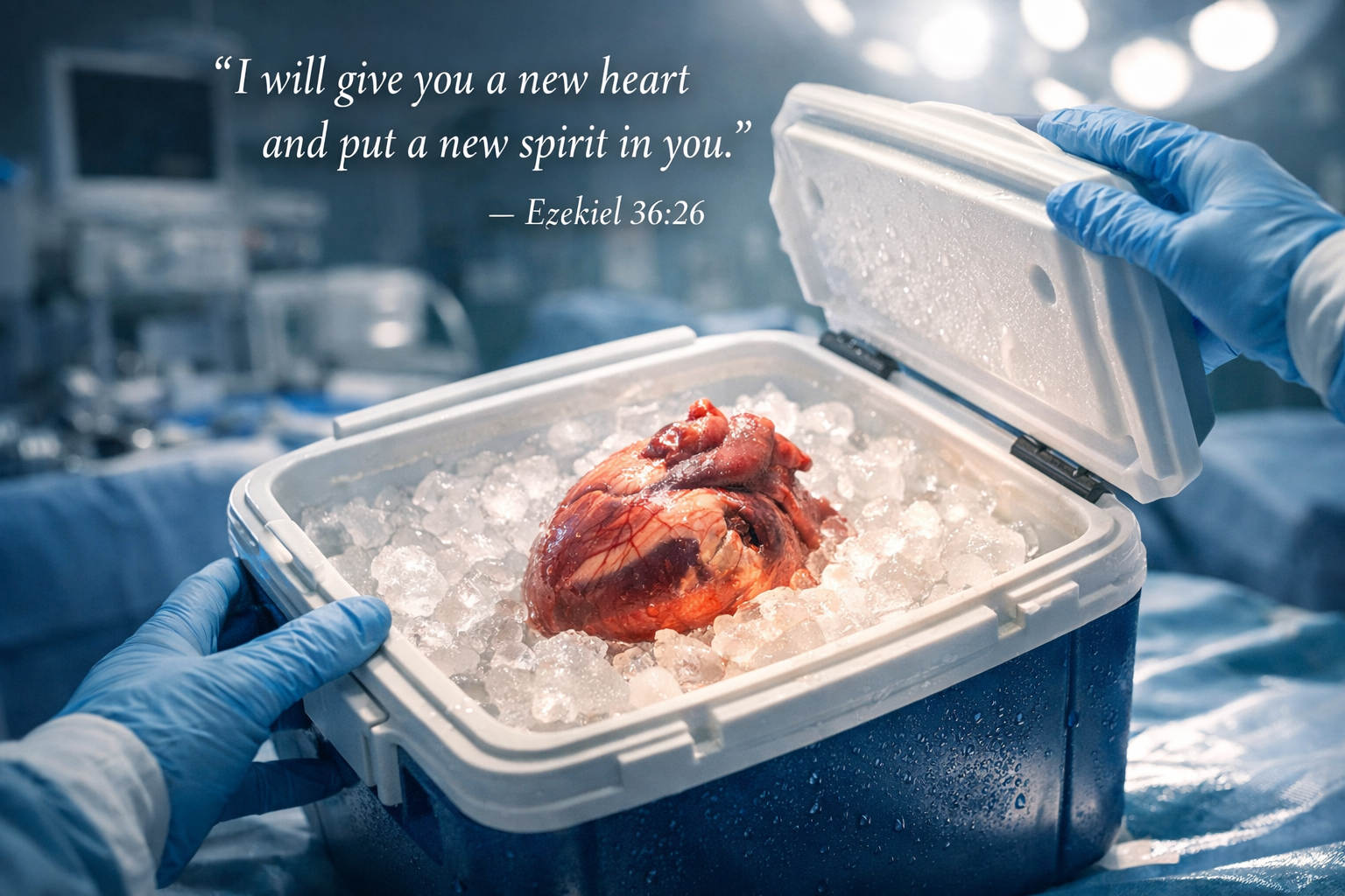 Heart transplant cooler being opened, new heart arriving, blue medical cooler ice, gift that replaces what failed, surgical light sterile environment, text I will give you a new heart Ezekiel 36:26 -- HD wallpaper